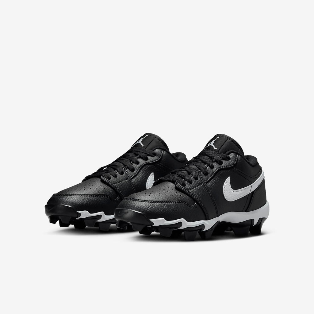 Jordan 1 Low Kids' Cleat - Black/White - front three-quarter