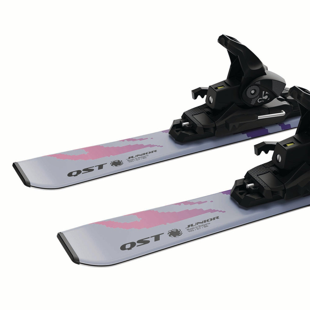 Salomon Junior QST S skis in Cosmic Sky, binding and waist detail