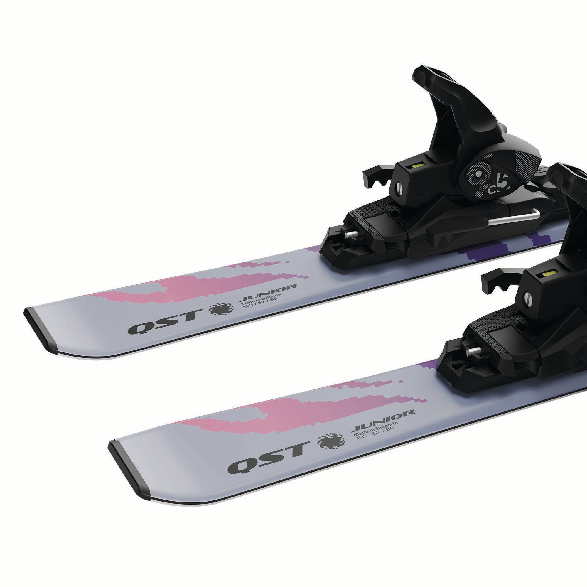 Salomon Junior QST S skis in Cosmic Sky, binding and waist detail
