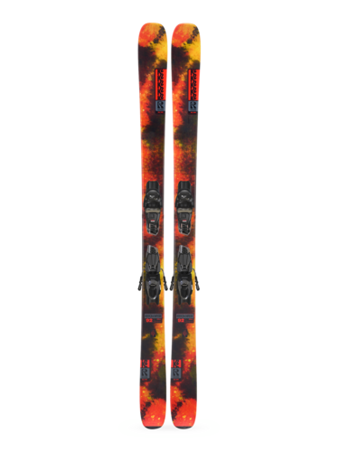 K2 Men's Reckoner 92 QuikClik Free Skis 2026 - Orange/Black, topsheet view with bindings