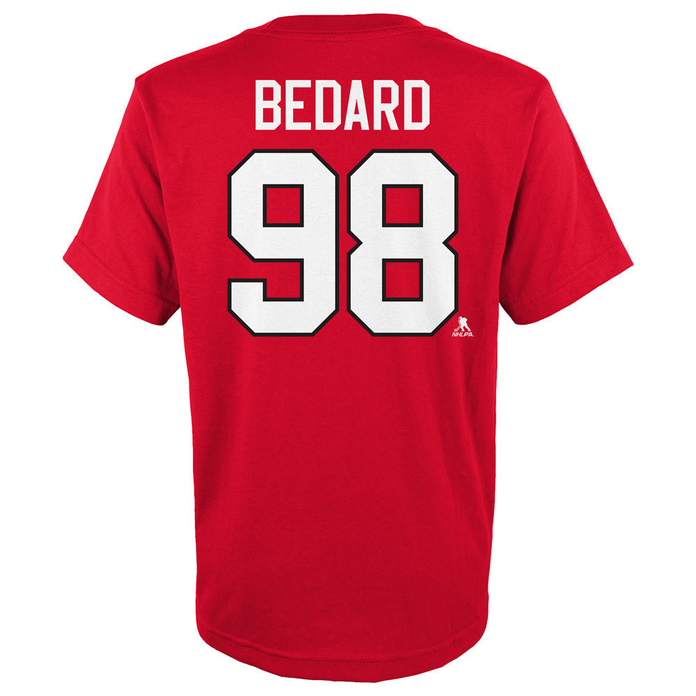 Outerstuff Chicago Blackhawks Connor Bedard youth name and number t-shirt in red, back with BEDARD 98