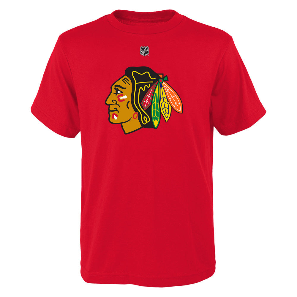 Outerstuff Chicago Blackhawks Connor Bedard youth name and number t-shirt in red, front