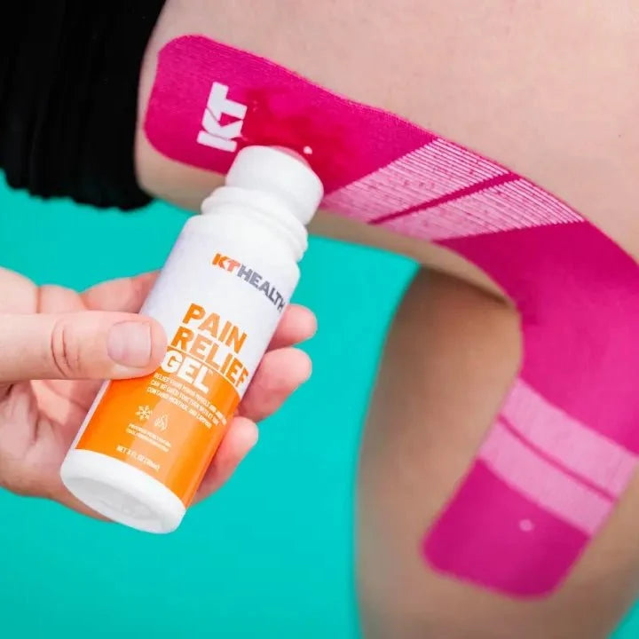 KT Health Pain Relief Roll-On Gel being applied alongside KT Tape