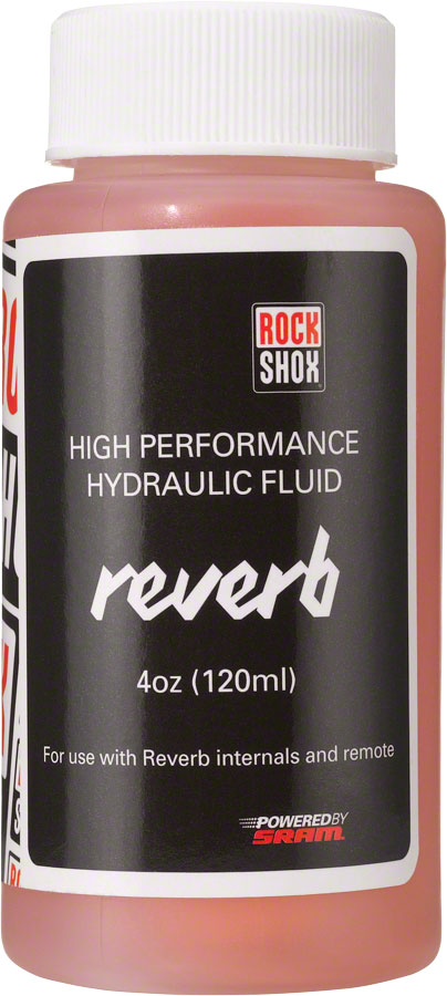 RockShox Reverb Hydraulic Fluid 120ml - Red fluid in clear bottle, front view