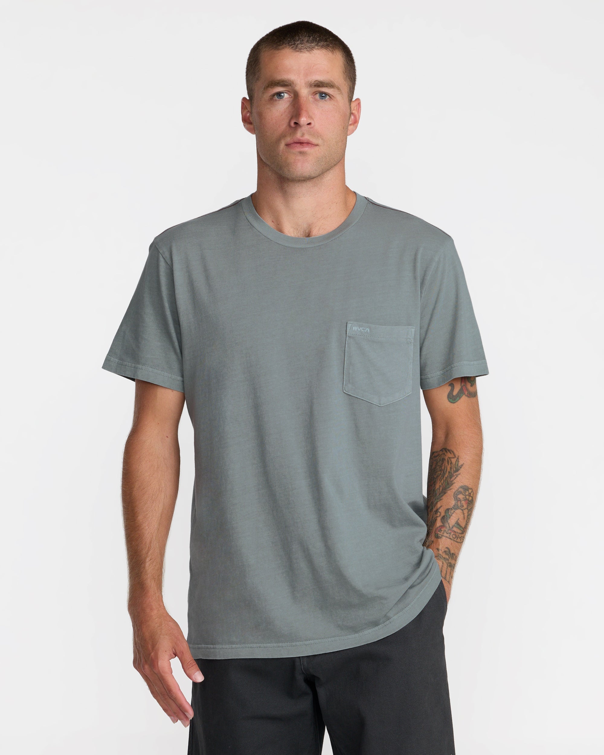 RVCA PTC 2 Pigment Short Sleeve Tee in Monument - front on model