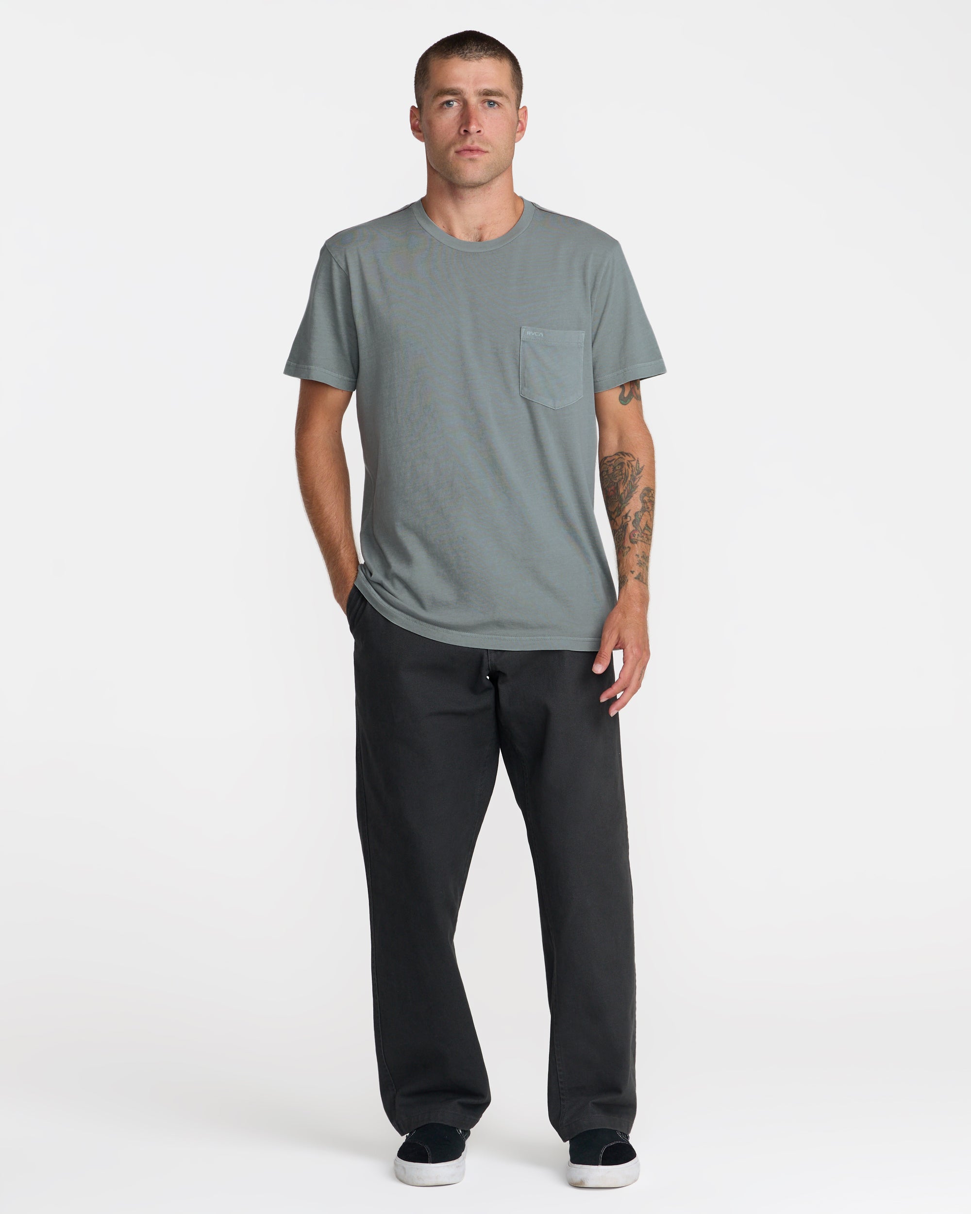 RVCA PTC 2 Pigment Short Sleeve Tee in Monument - full length on model