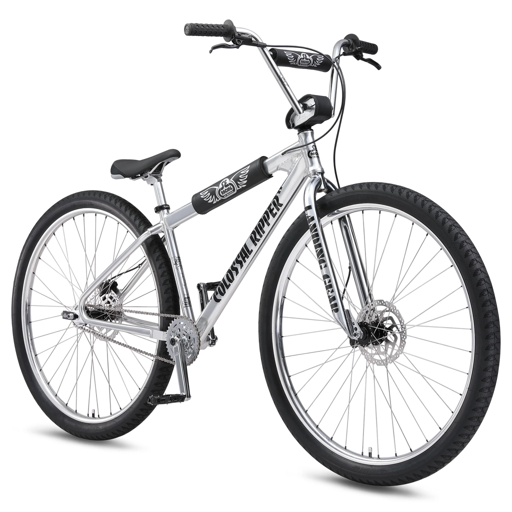 SE Colossal Ripper 32" BMX bike in High Polish Silver, three-quarter front view