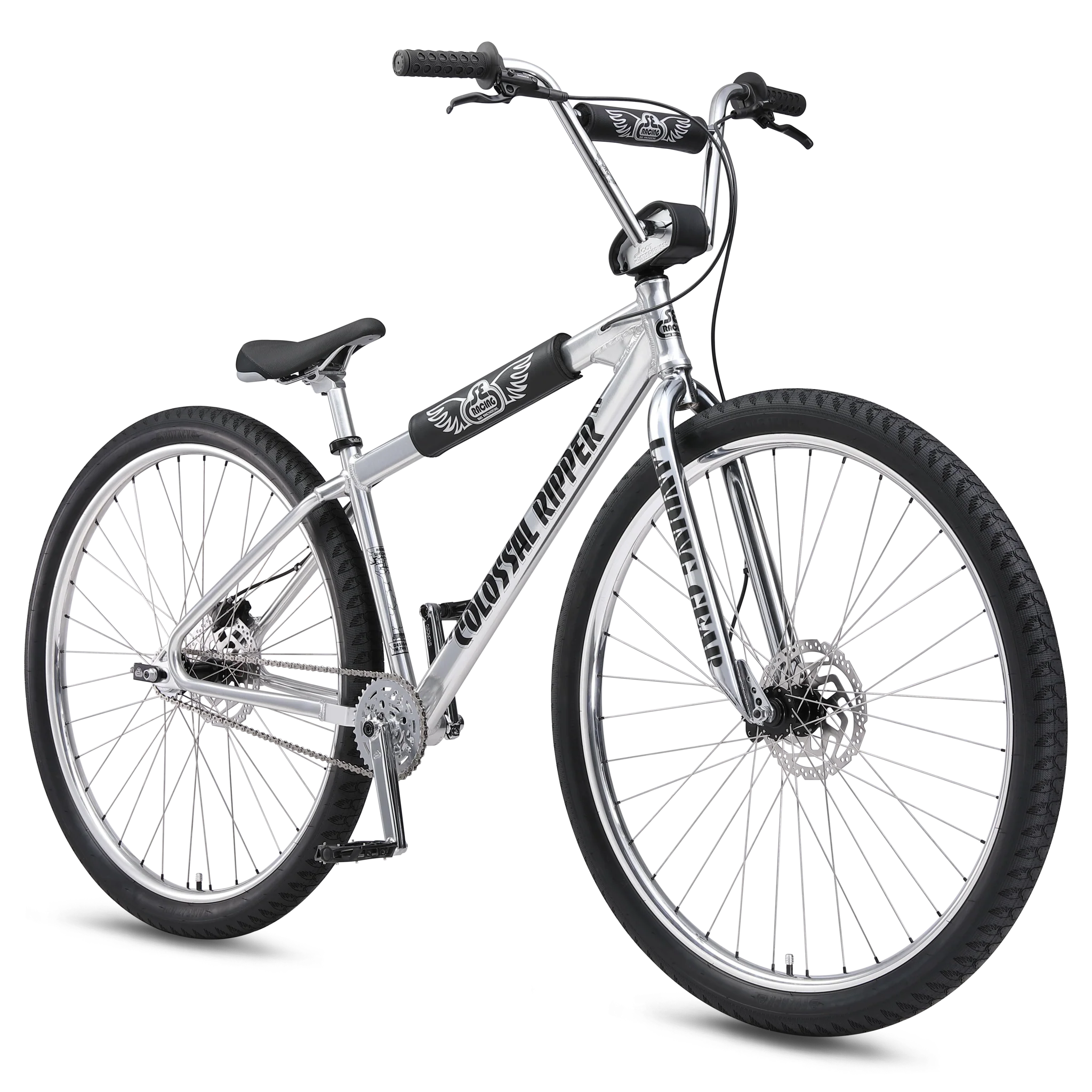 SE Colossal Ripper 32" BMX bike in High Polish Silver, three-quarter front view