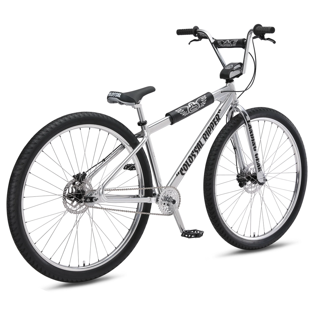 SE Colossal Ripper 32" BMX bike in High Polish Silver, three-quarter rear view