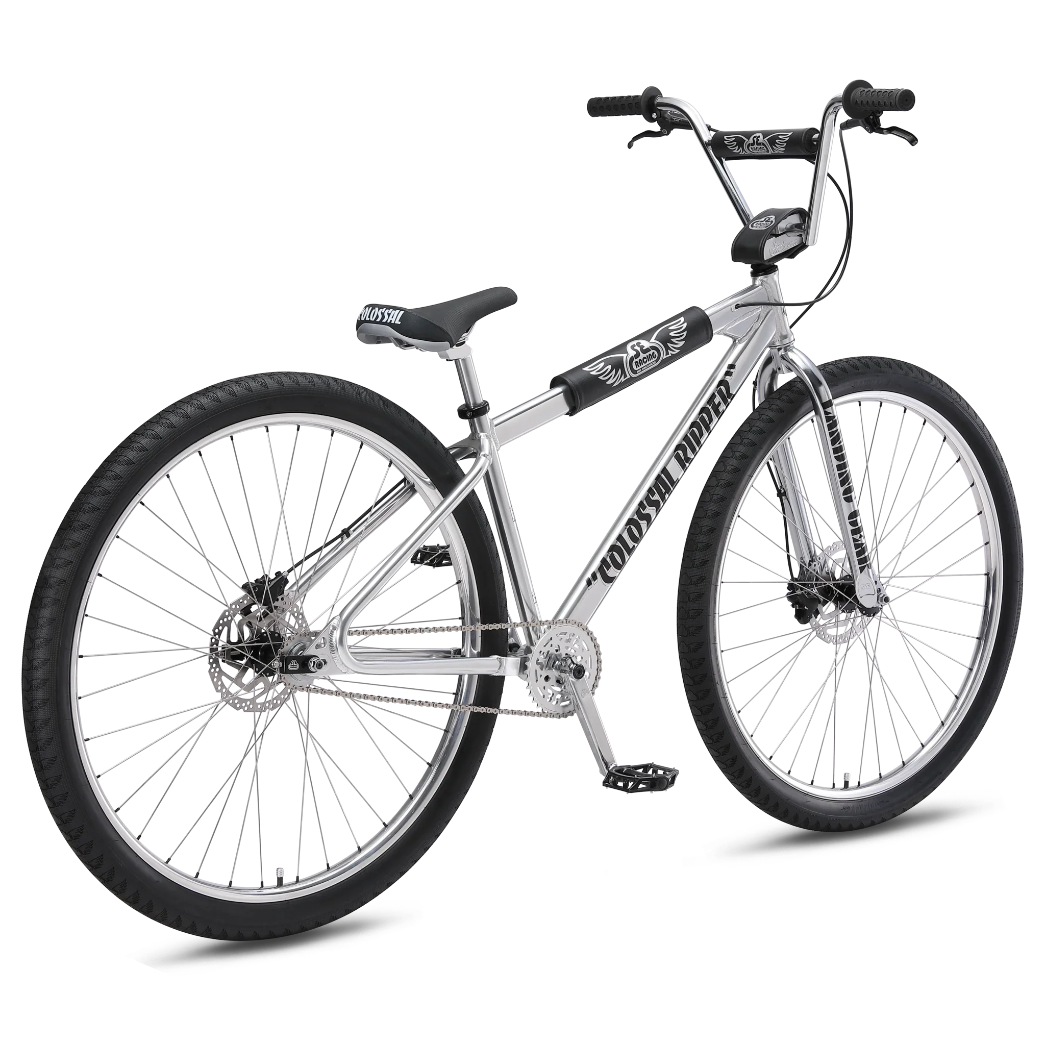 SE Colossal Ripper 32" BMX bike in High Polish Silver, three-quarter rear view