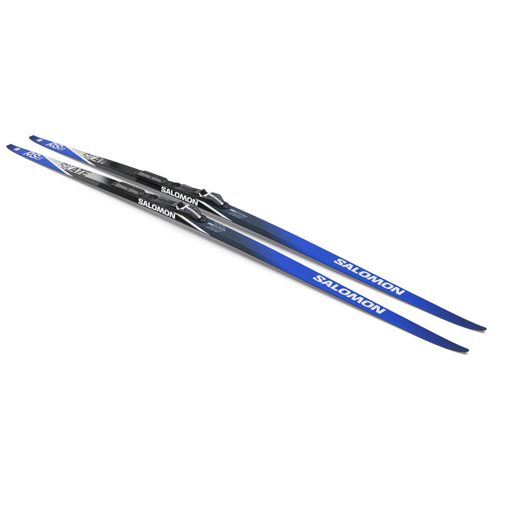 Salomon RS 8 X-Stiff Skate Skis + Shift Bindings - pair, angled view from the tails