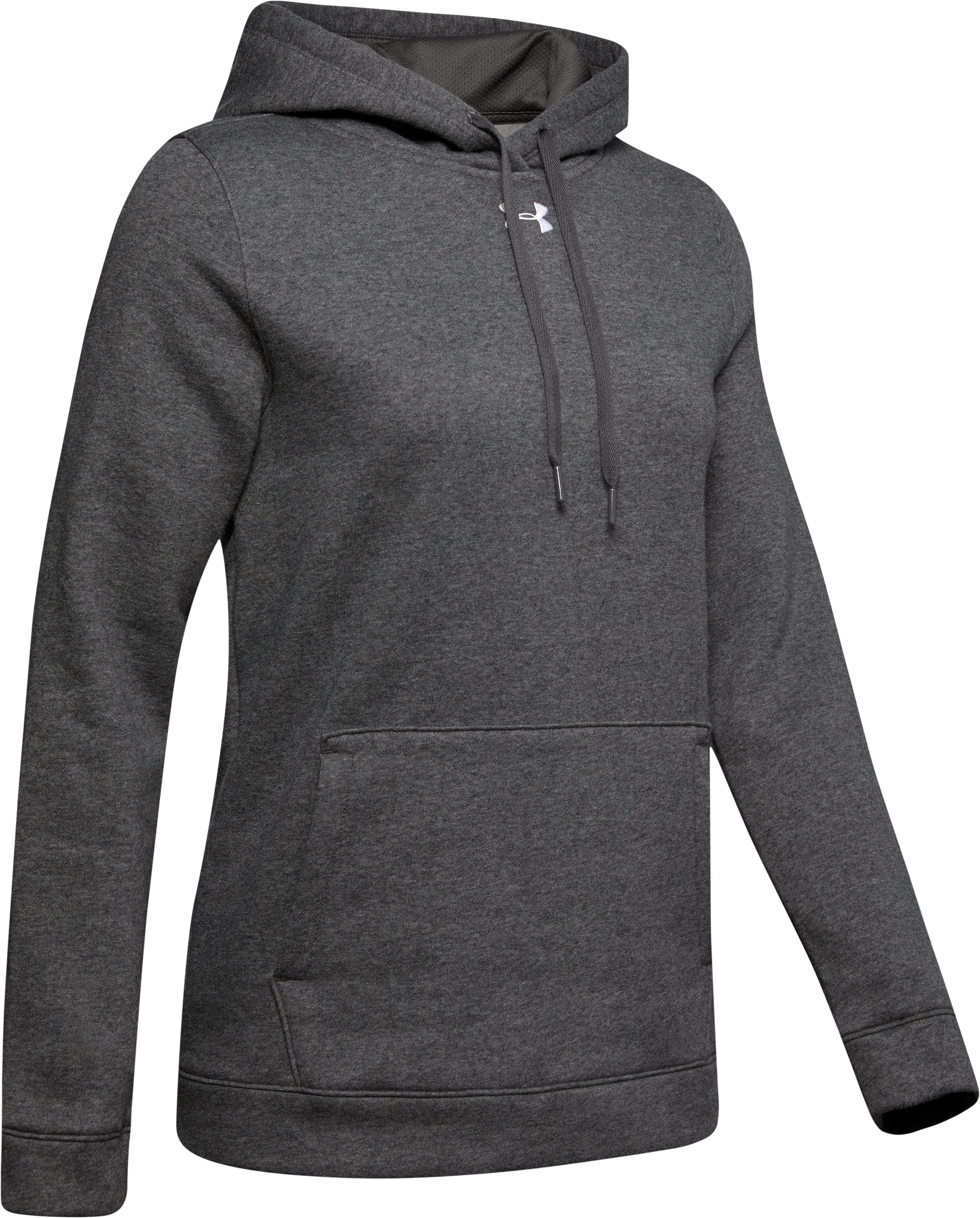 Under Armour Women's Hustle Fleece Hoodie in Carbon Heather - front flat lay