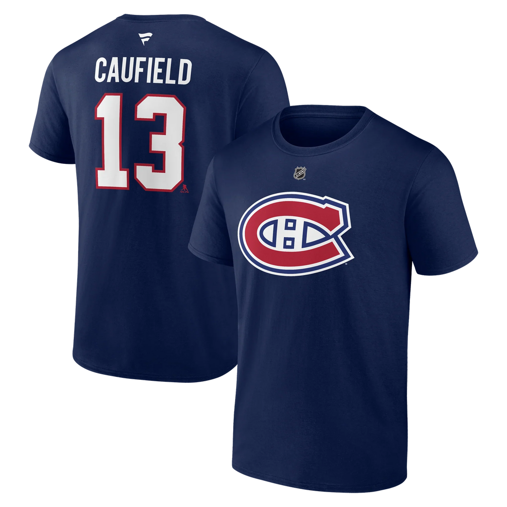 Fanatics Montreal Canadiens Authentic Stack T-Shirt - Caufield - NAVY, front and back view