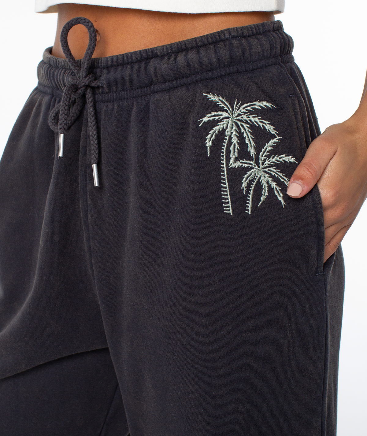 Roxy Women's Maile Pant - Phantom Palm Tree, embroidered palm detail