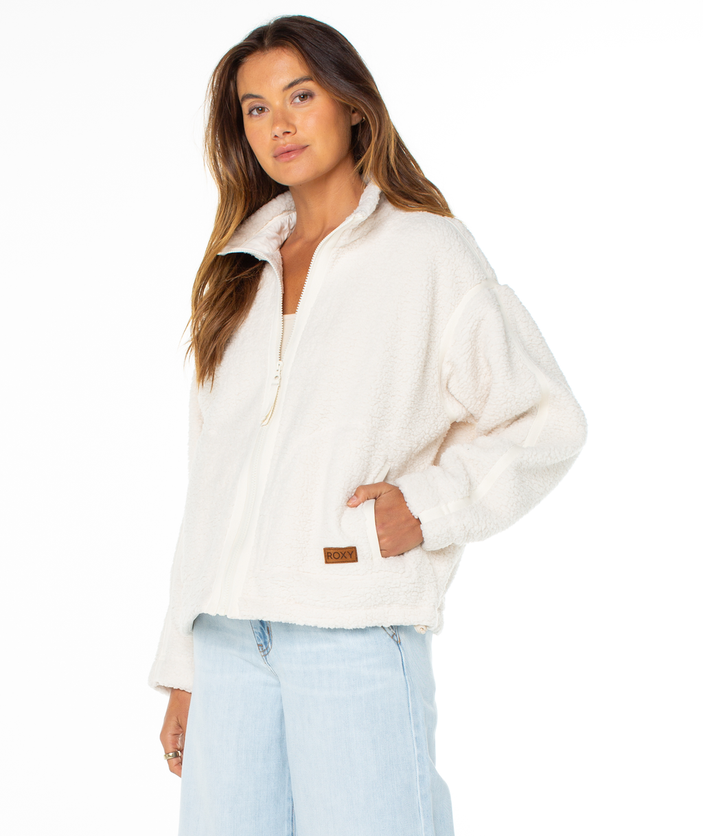 Roxy Women's Wurlie Fleece Jacket - Parchment, front view, 3/4 angle