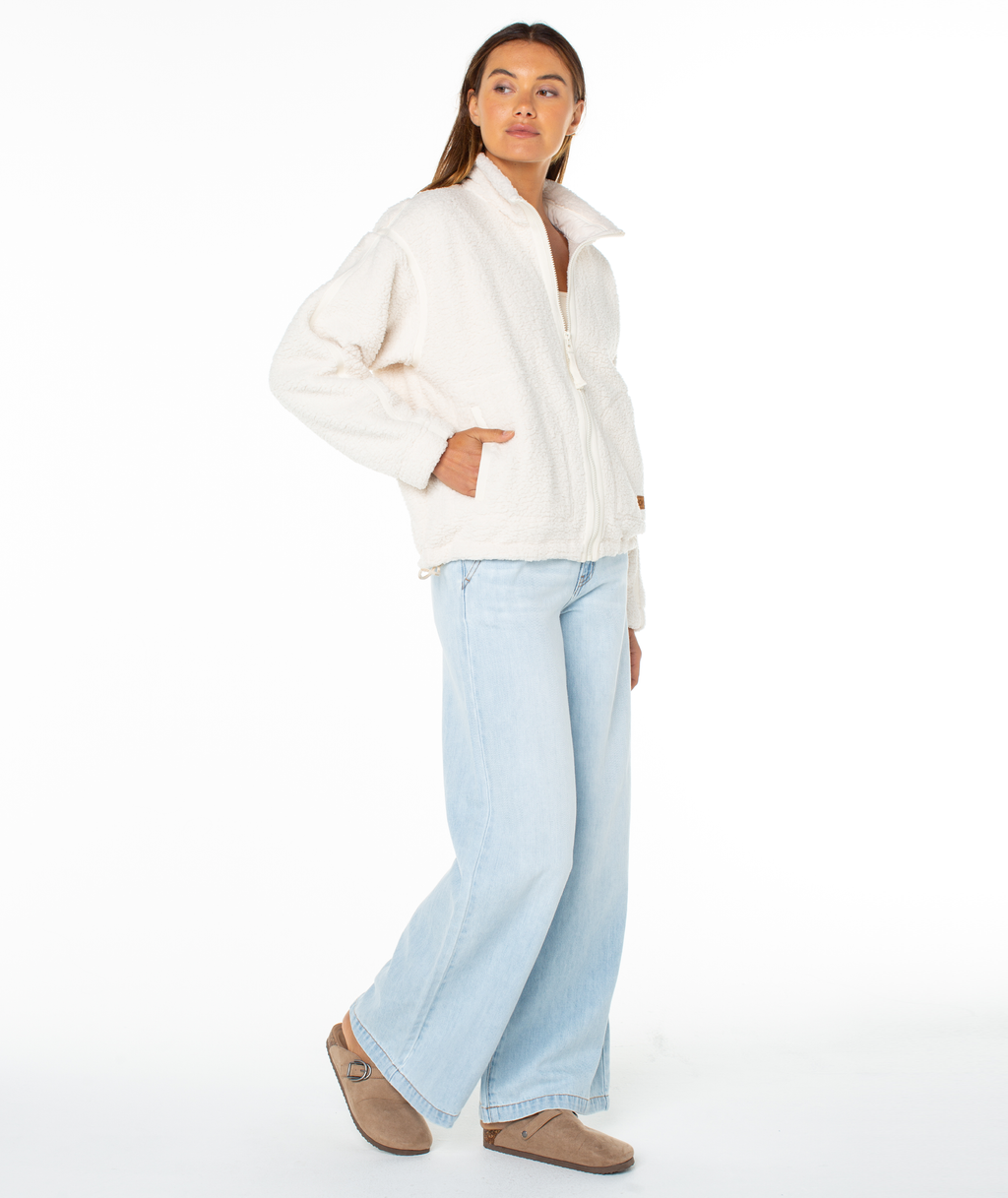 Roxy Women's Wurlie Fleece Jacket - Parchment, side view, full length