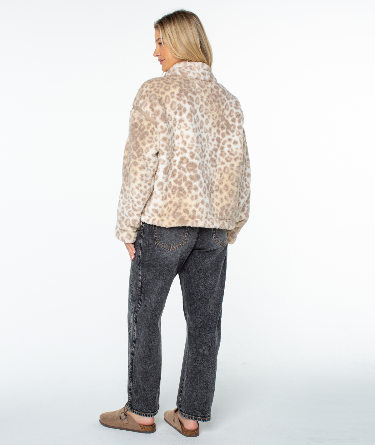 Roxy Women's Wurlie Fleece Jacket - Vanilla Ice Wild Side, back view, 3/4 angle
