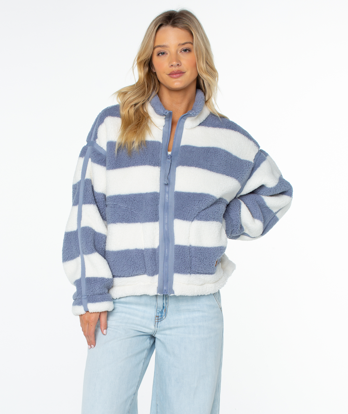 Roxy Women's Wurlie Fleece Jacket - Wild Wind Rugby Stripe, front view