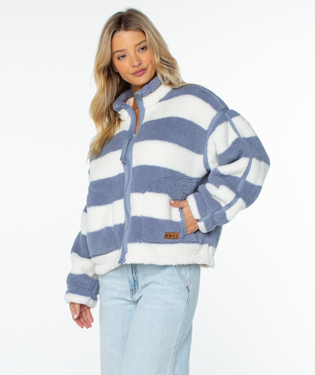 Roxy Women's Wurlie Fleece Jacket - Wild Wind Rugby Stripe, front view, 3/4 angle