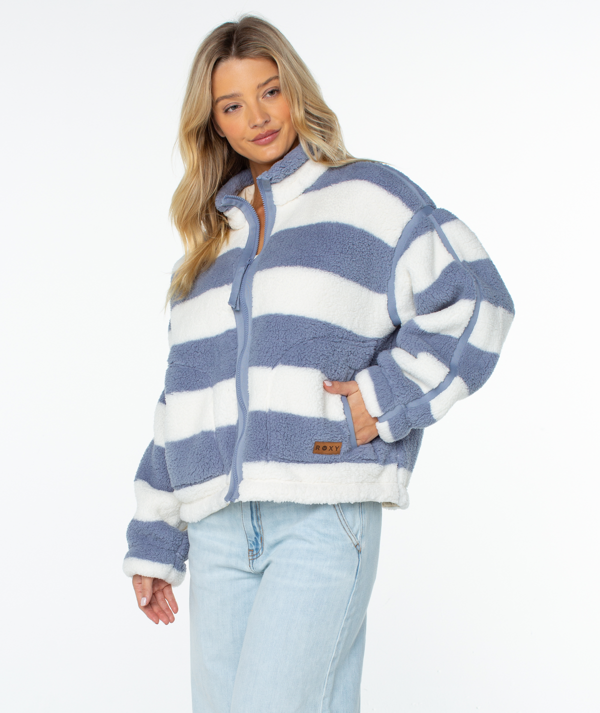 Roxy Women's Wurlie Fleece Jacket - Wild Wind Rugby Stripe, front view, 3/4 angle