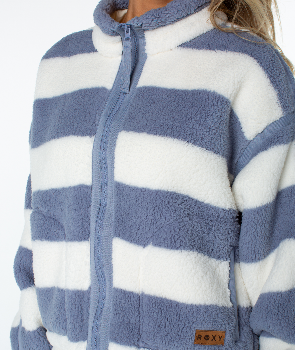 Roxy Women's Wurlie Fleece Jacket - Wild Wind Rugby Stripe, zip and stripe detail