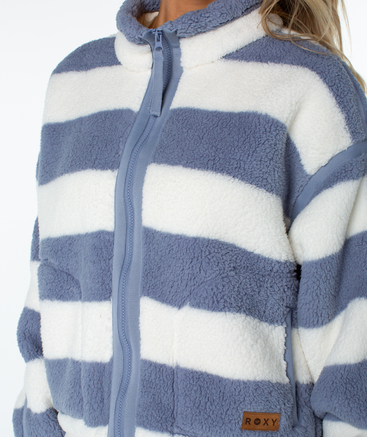 Roxy Women's Wurlie Fleece Jacket - Wild Wind Rugby Stripe, zip and stripe detail