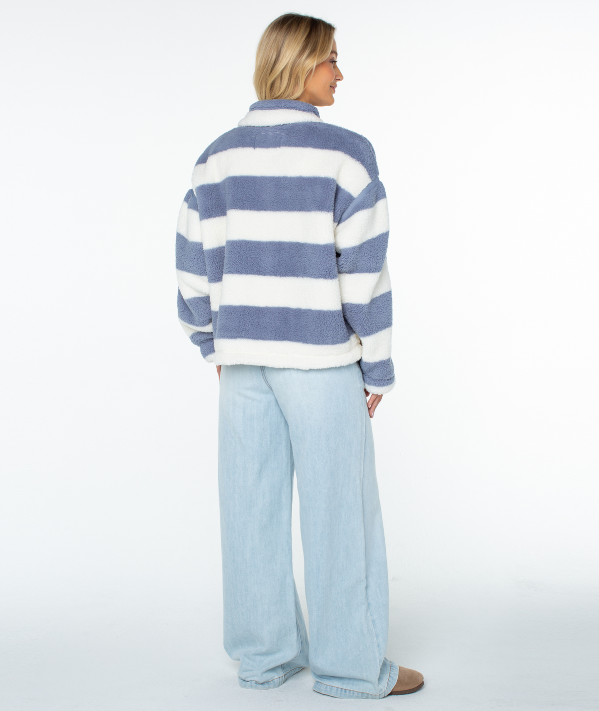 Roxy Women's Wurlie Fleece Jacket - Wild Wind Rugby Stripe, back view, 3/4 angle