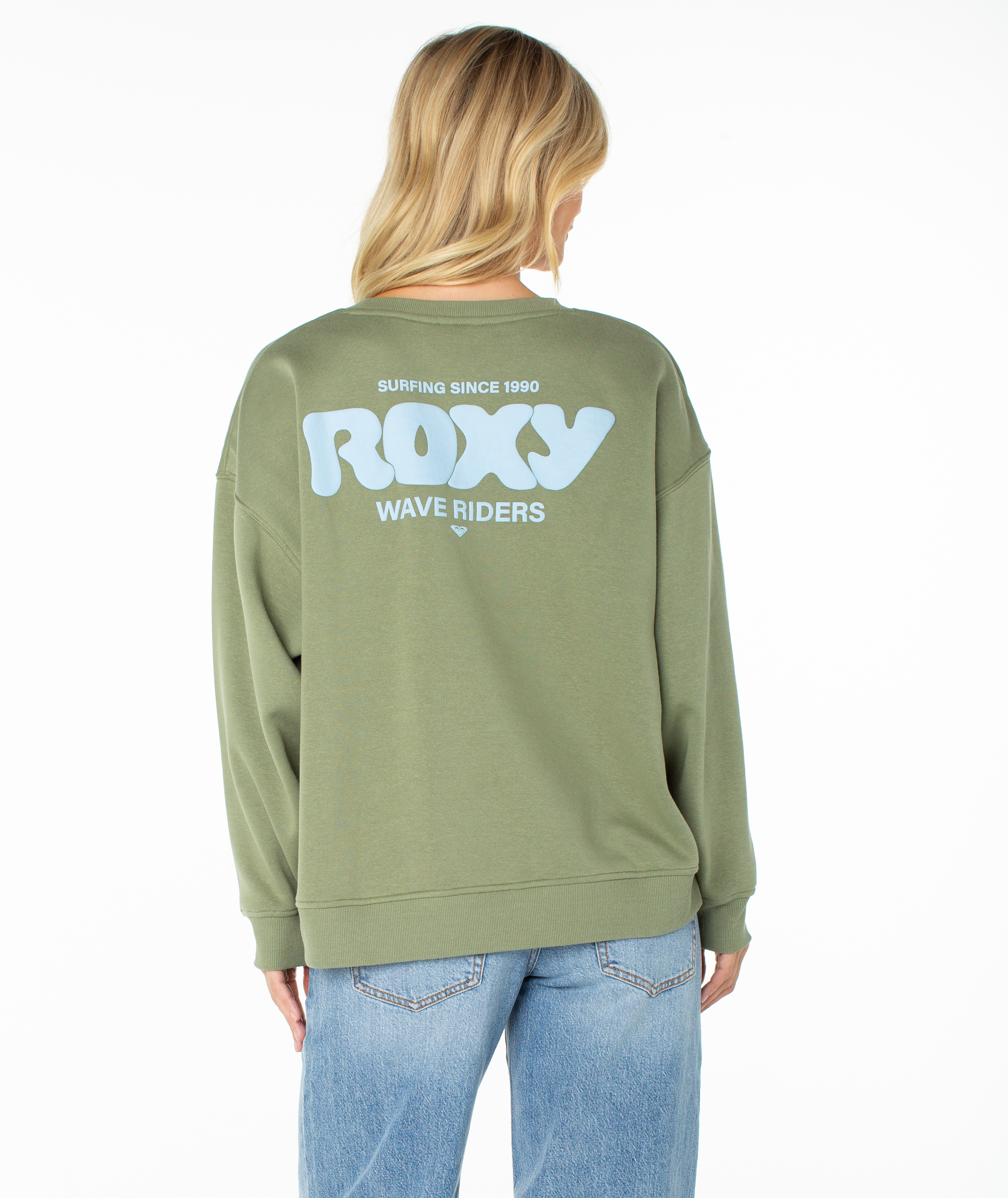 Roxy Women's Morning Stroll Wave Riders Crewneck Sweatshirt - OIL GREEN WAVE RIDERS CLUB