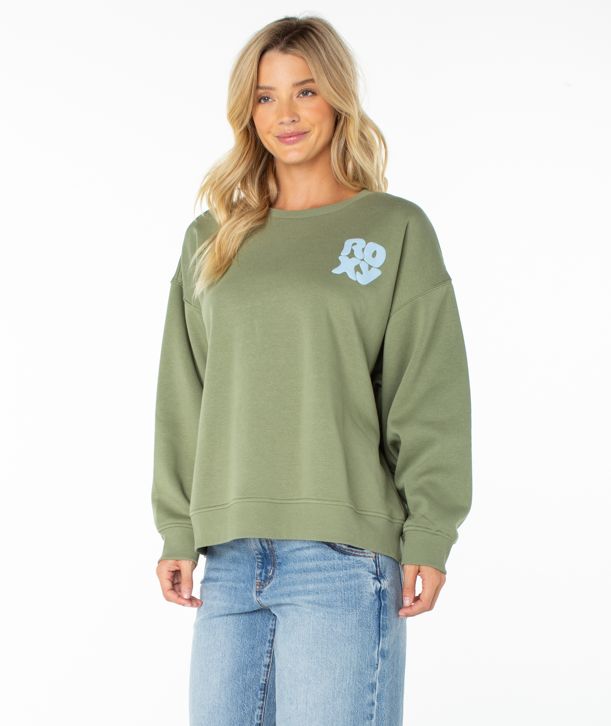 Roxy Women's Morning Stroll Wave Riders Crewneck Sweatshirt - OIL GREEN WAVE RIDERS CLUB