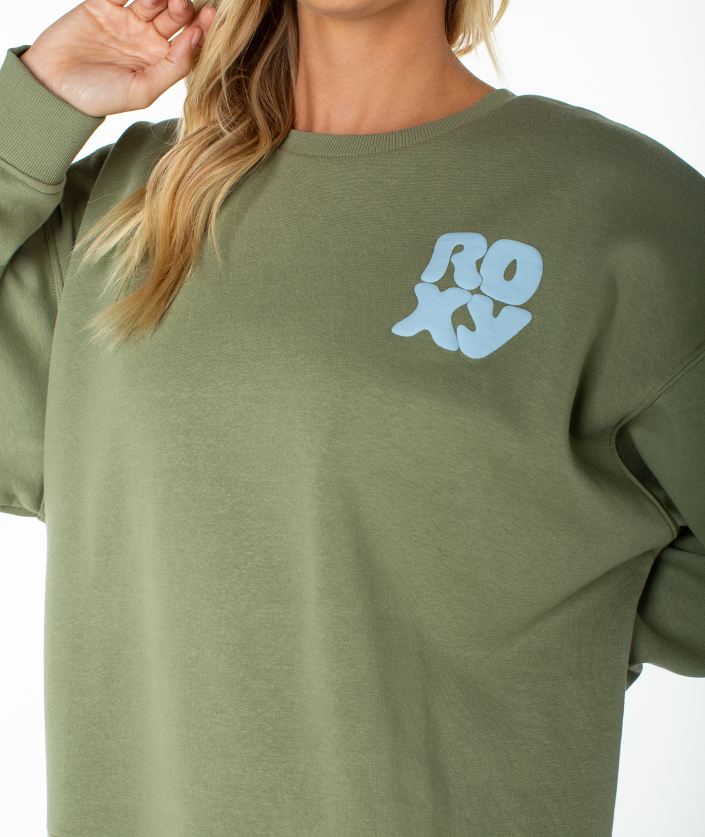 Roxy Women's Morning Stroll Wave Riders Crewneck Sweatshirt - OIL GREEN WAVE RIDERS CLUB