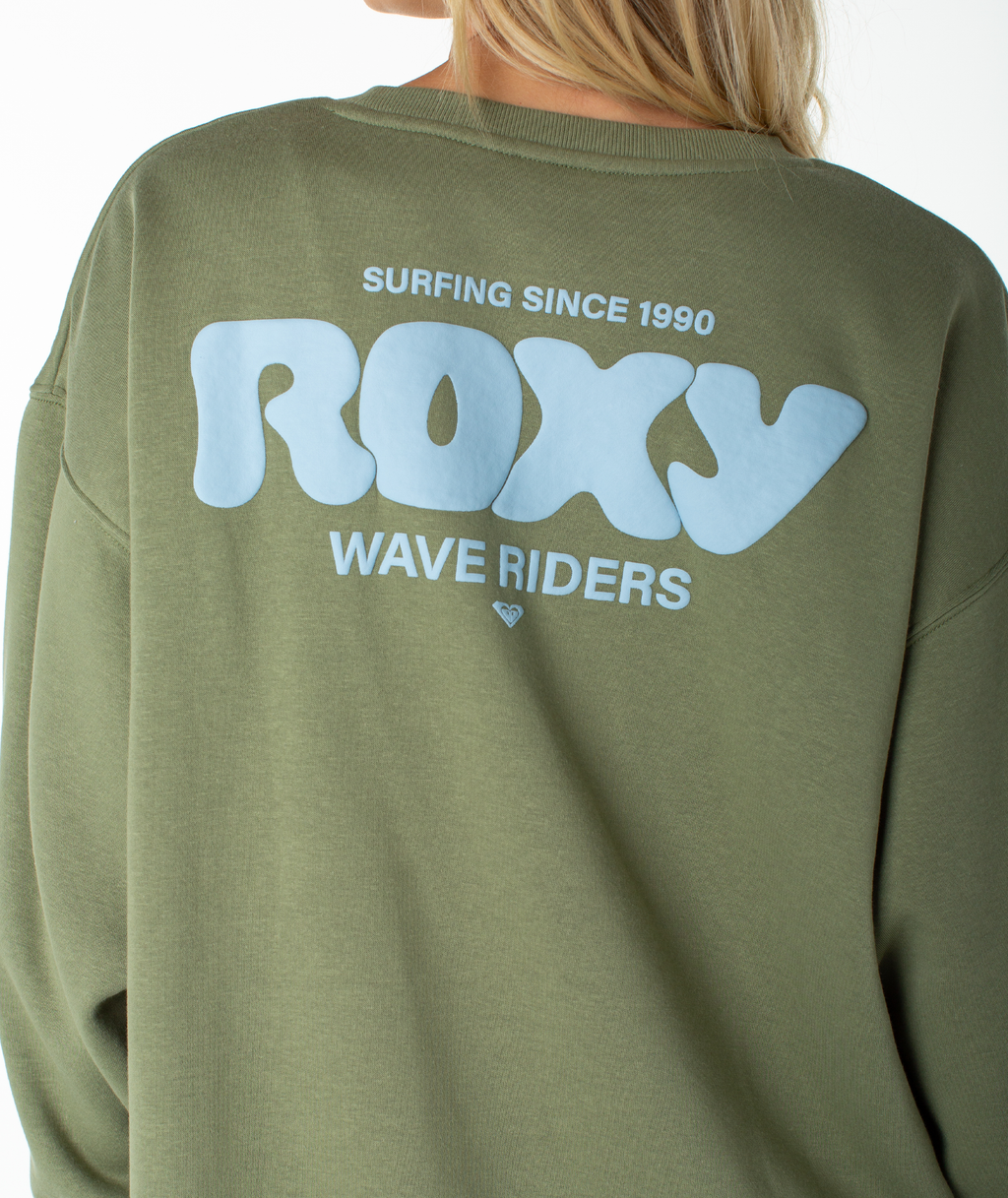 Roxy Women's Morning Stroll Wave Riders Crewneck Sweatshirt - OIL GREEN WAVE RIDERS CLUB
