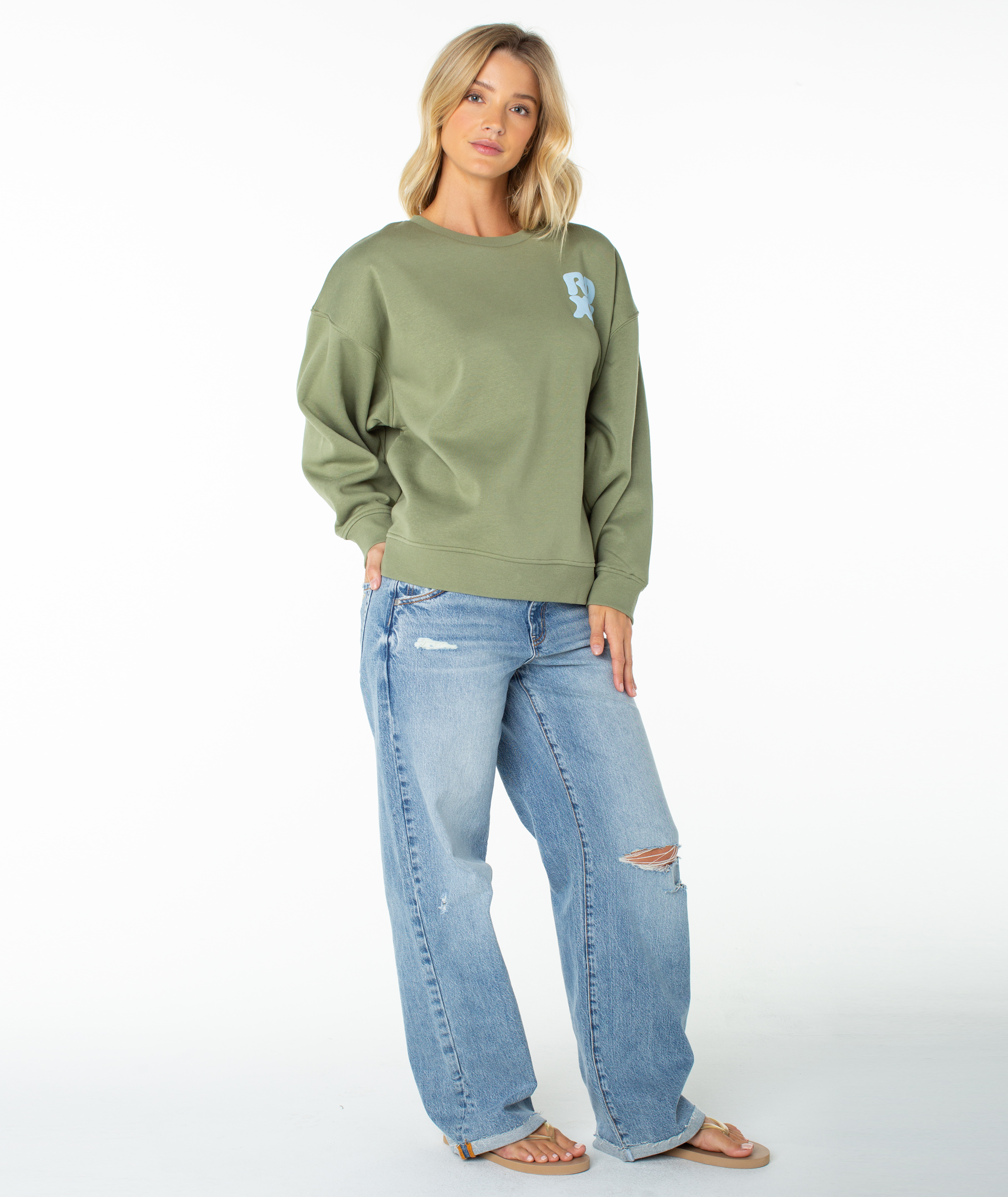 Roxy Women's Morning Stroll Wave Riders Crewneck Sweatshirt - OIL GREEN WAVE RIDERS CLUB