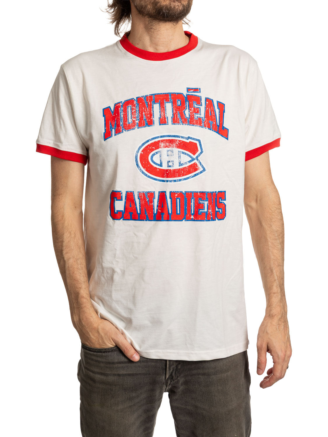 Calhoun Montreal Canadiens Distressed Ringer Tee - Natural/Red, front