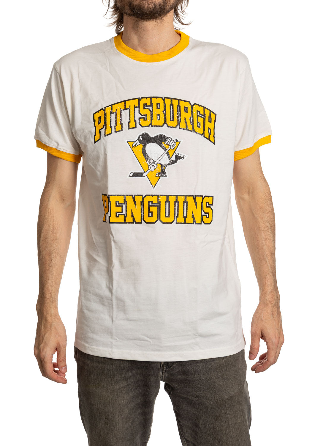 Calhoun Pittsburgh Penguins Distressed Ringer Tee - Natural/Gold, front