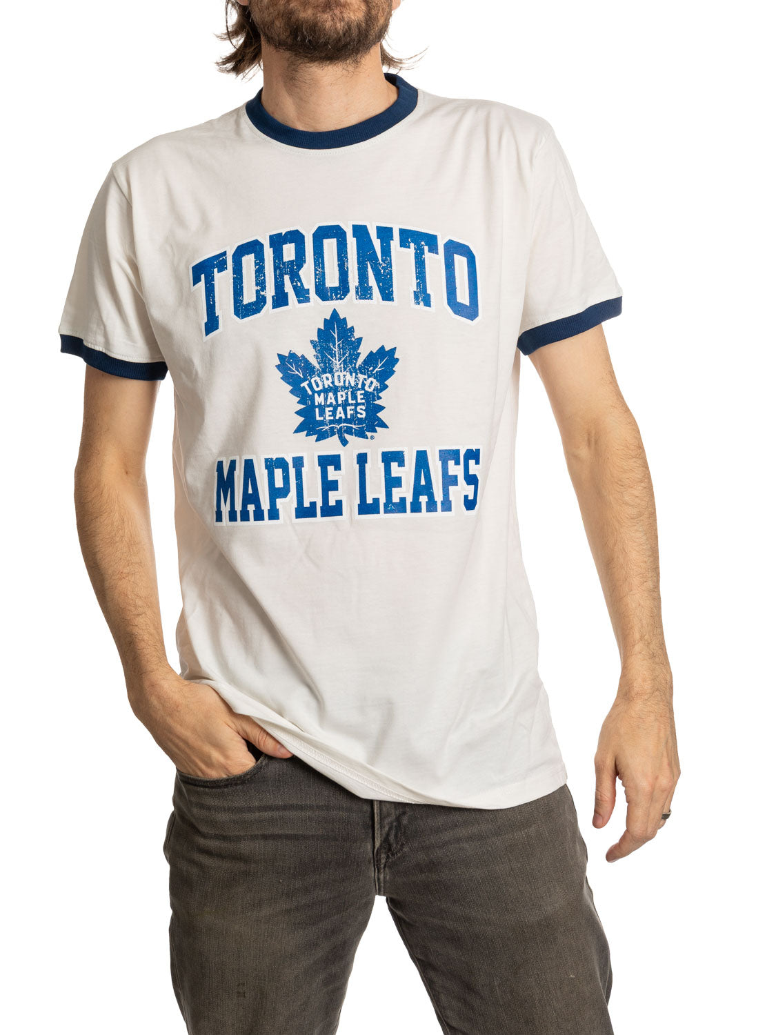 Calhoun Toronto Maple Leafs Distressed Ringer Tee - Natural/Navy, front