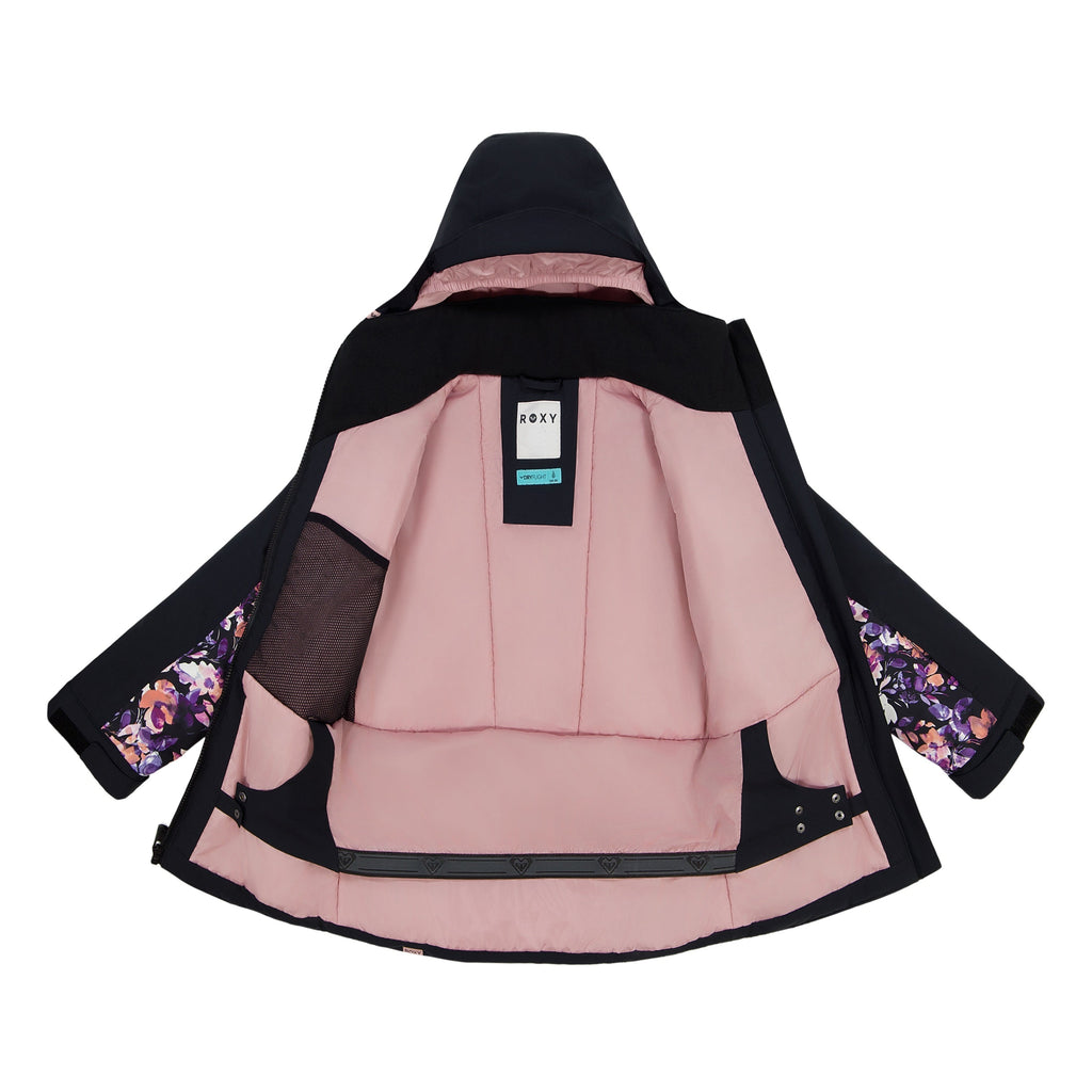 Roxy Girls' Black Diamond Snow Jacket in Black - jacket open showing lining