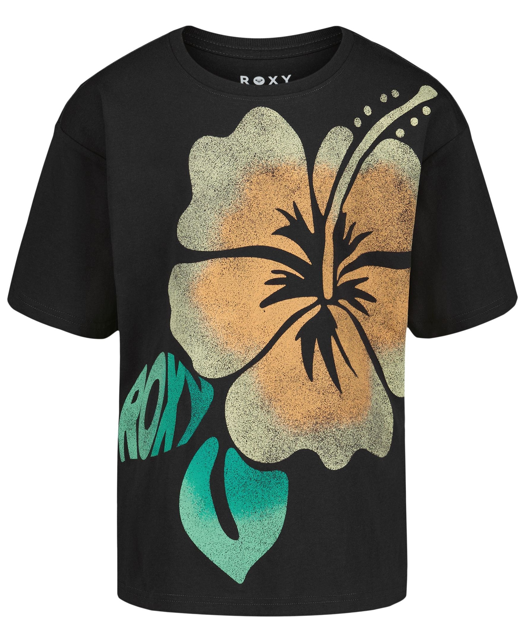 Roxy Girls' Hibiscus Oversized Tee - Phantom, front flat lay