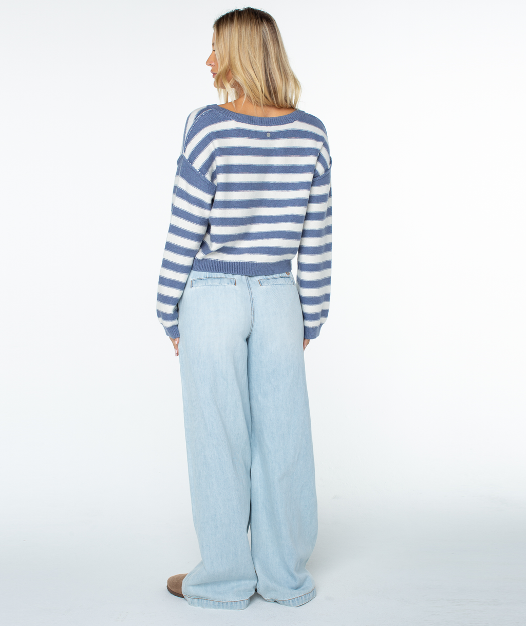 Roxy Women's Swell Season Stripe Sweater - Wild Wind Freebird Stripe, back view, full length