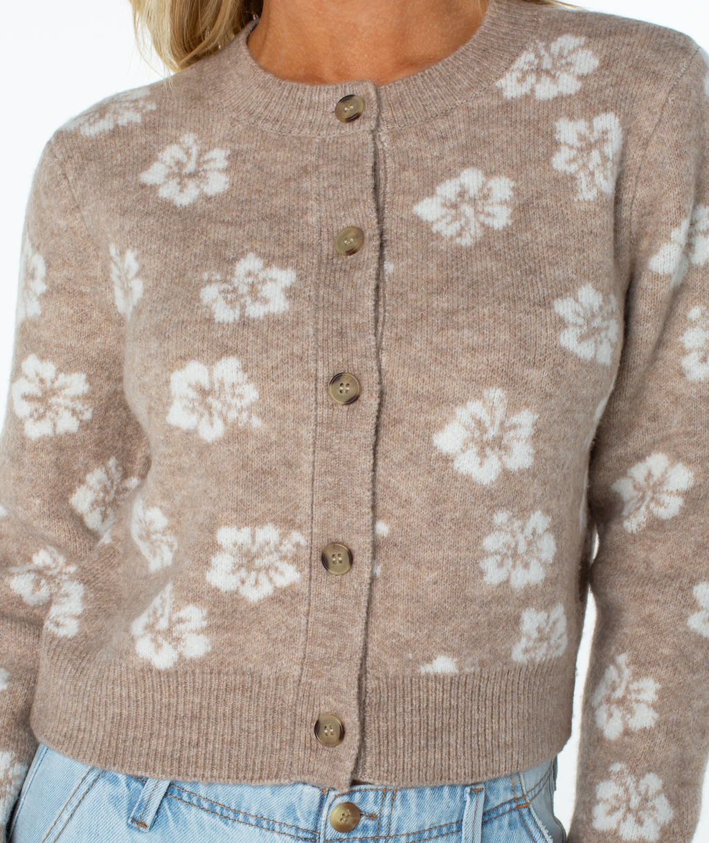 Roxy Women's Meadow Sweater - Doeskin Sweet Hibiscus, button and floral detail