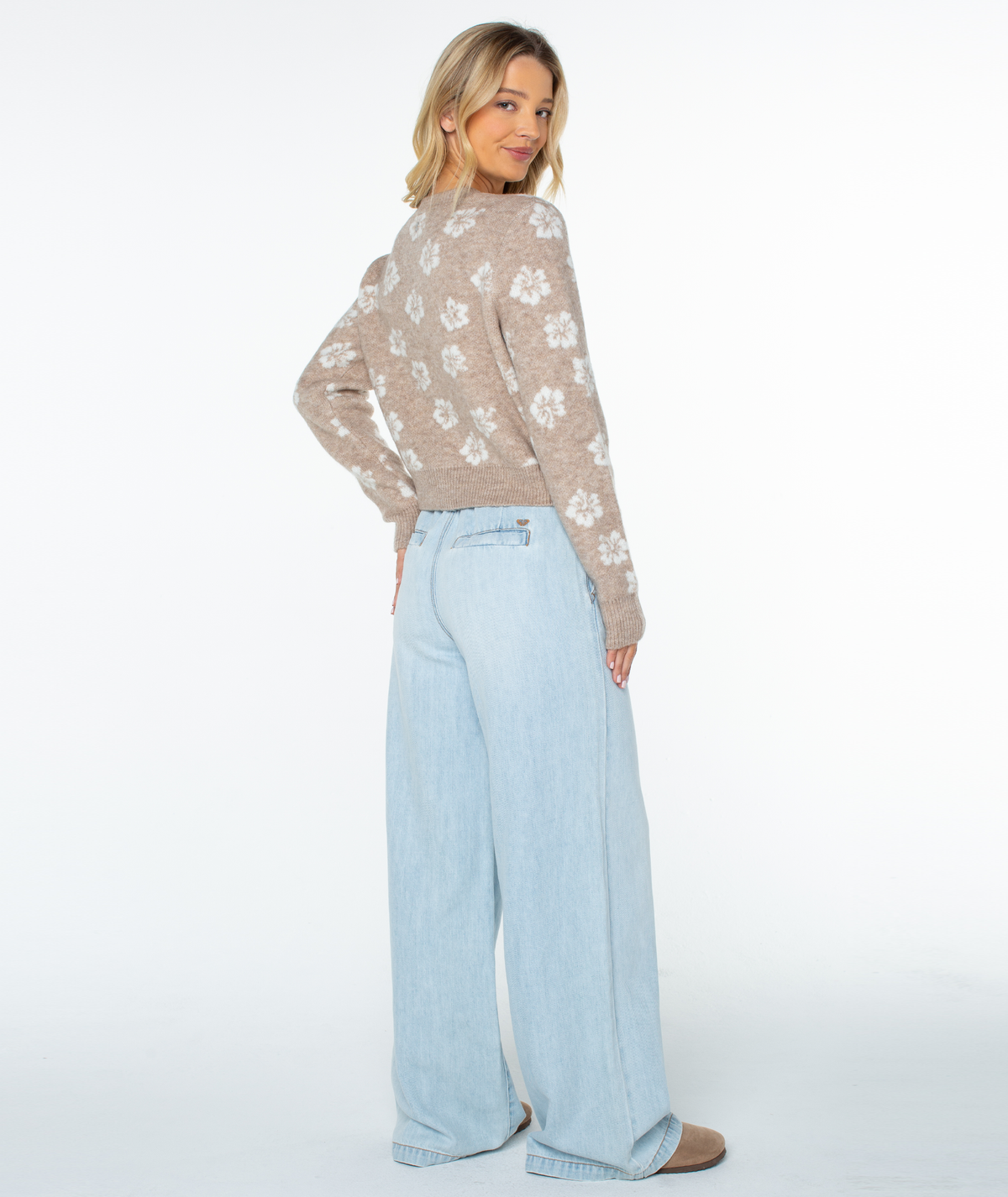 Roxy Women's Meadow Sweater - Doeskin Sweet Hibiscus, back view, 3/4 angle