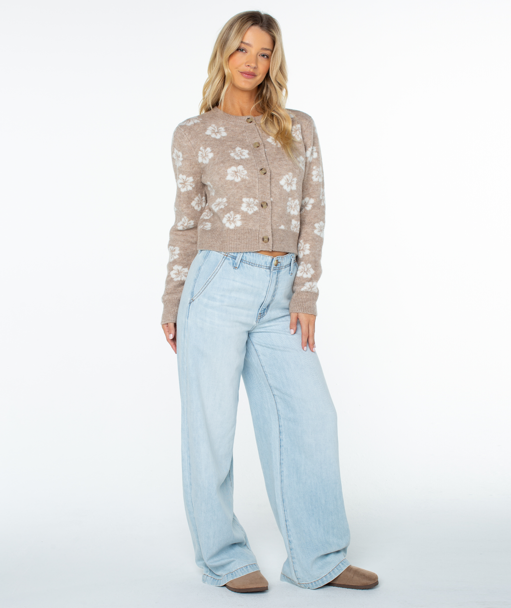 Roxy Women's Meadow Sweater - Doeskin Sweet Hibiscus, front view, full length