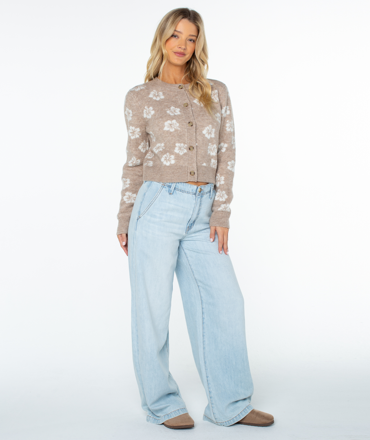 Roxy Women's Meadow Sweater - Doeskin Sweet Hibiscus, front view, full length