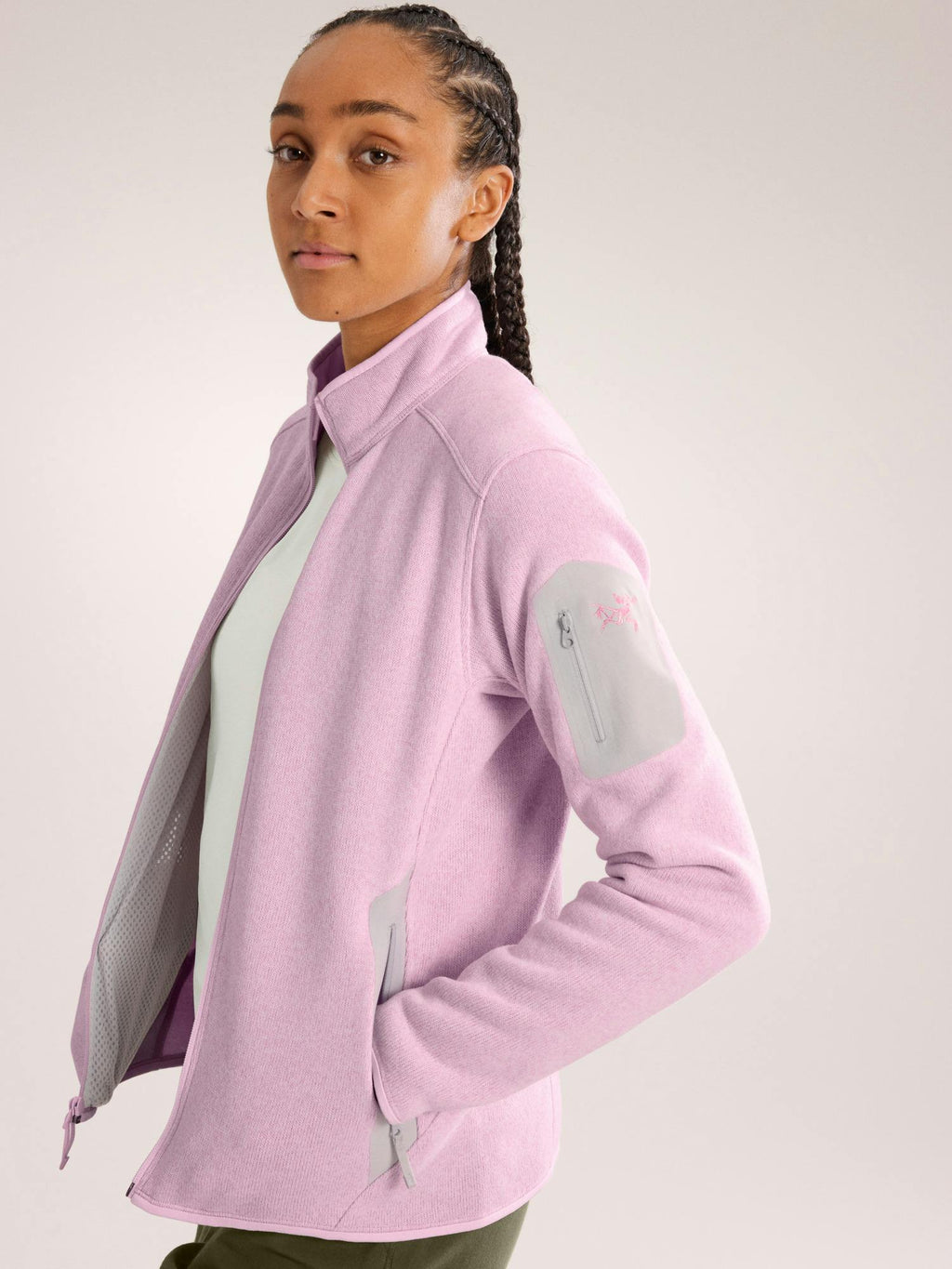Arc'teryx Women's Covert Cardigan Pink Glow Heather open front detail
