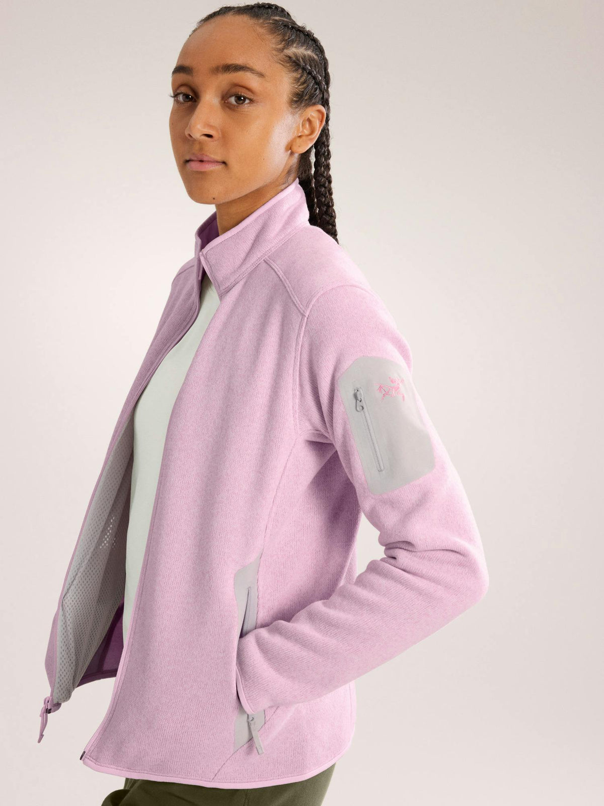 Arc'teryx Women's Covert Cardigan Pink Glow Heather open front detail