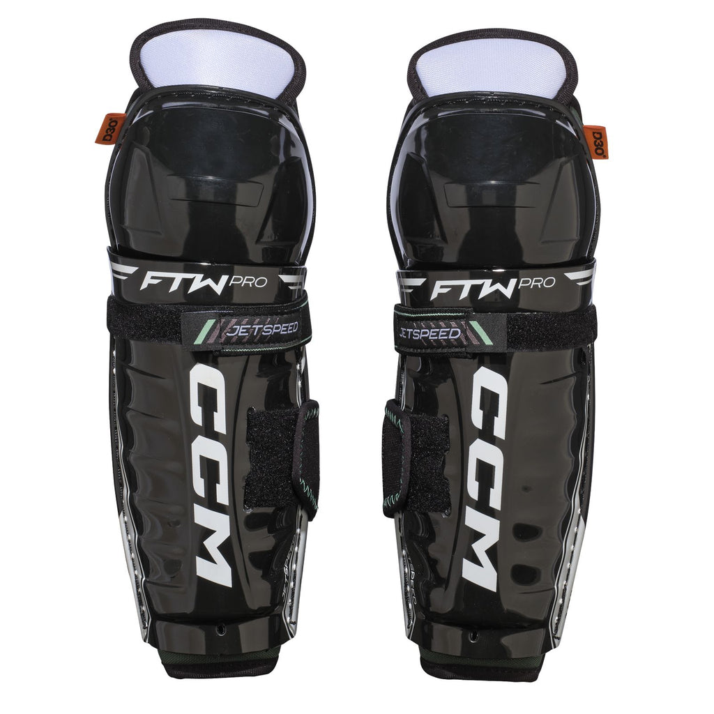 CCM JetSpeed FTW Pro youth hockey shin guards, front