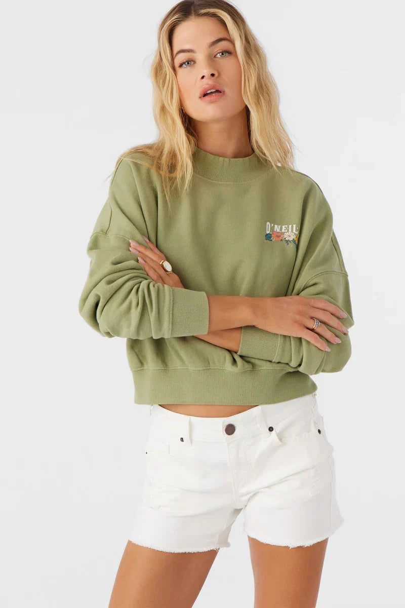 O'Neill Women's Moment Crop Crewneck - Oil Green - front detail