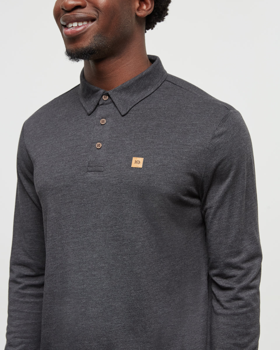 Tentree Astir Longsleeve Polo - Meteorite Black Heather - front detail