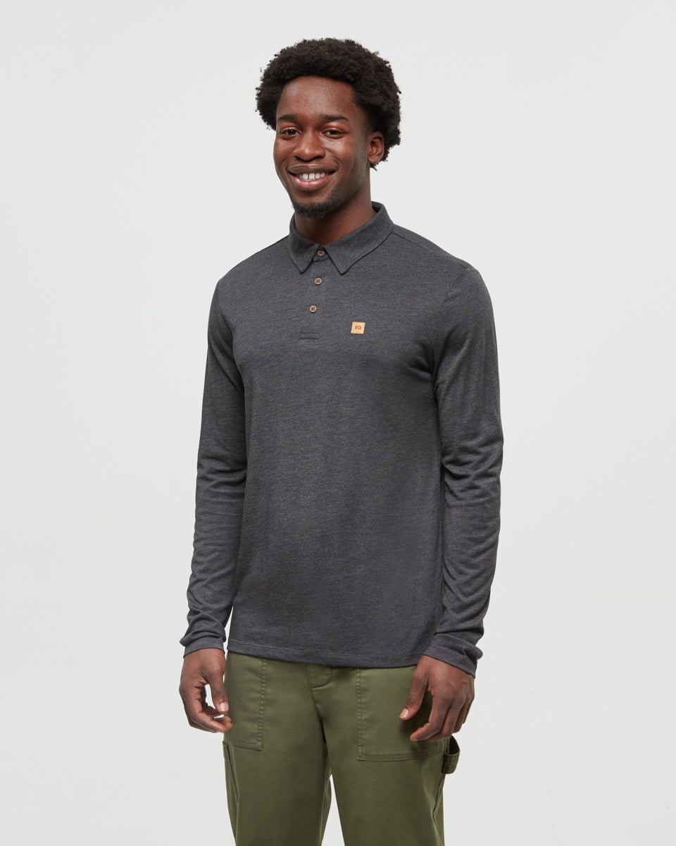 Tentree Astir Longsleeve Polo - Meteorite Black Heather - front