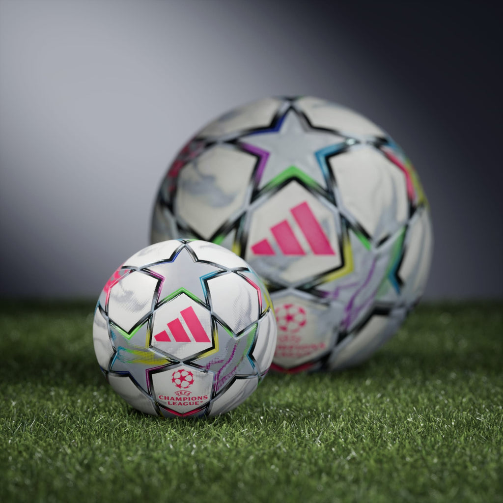 Adidas UEFA Champions League 26/27 Mini Soccer Ball White/Multicolour - shown beside the full-size ball
