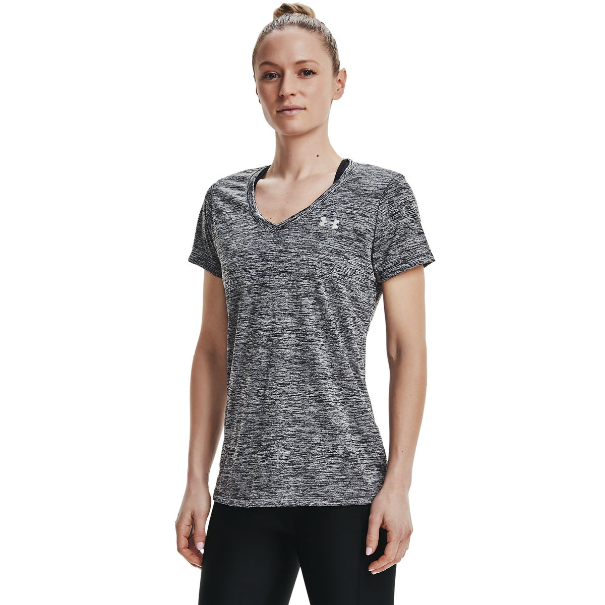 Under Armour Women's Novelty Tech V-Neck Short Sleeve Shirt - BLACK, front on-model view